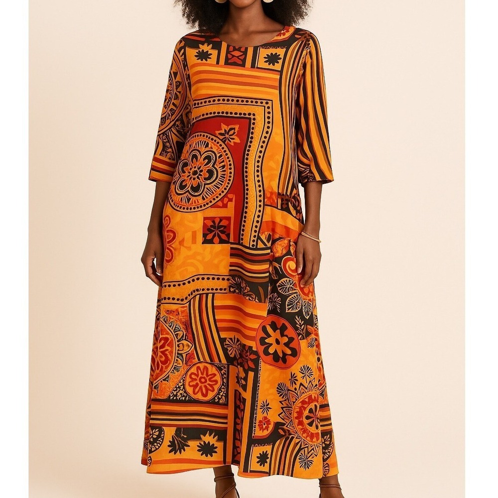 Ursimie Print Dress Bohemian Casual 3/4 Sleeve Tunic Dress Orange Red Medium